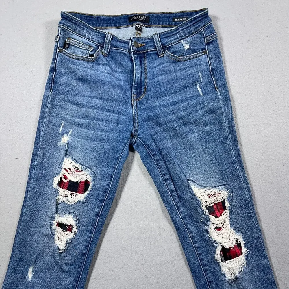 Judy‎ Blue Jeans Womens 7/28  Skinny Fit Distressed Plaid Patch Medium Wash